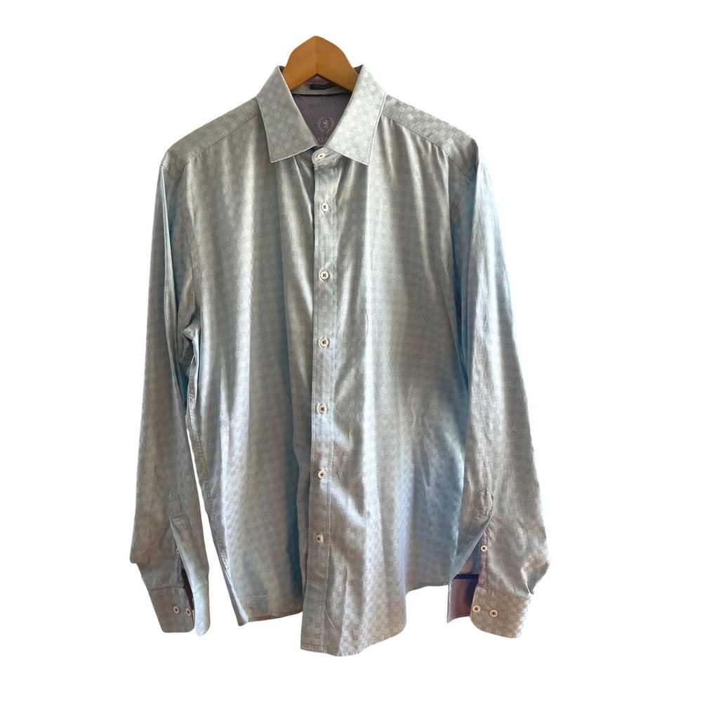 Bugatchi Uomo Mens Classic Fit Long Sleeve Button Down Shirt Blue Green Cotton L